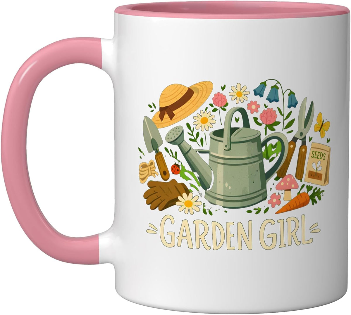 Garden Girl Gardening Tools Watering Can Seeds Flowers Ceramic Mug