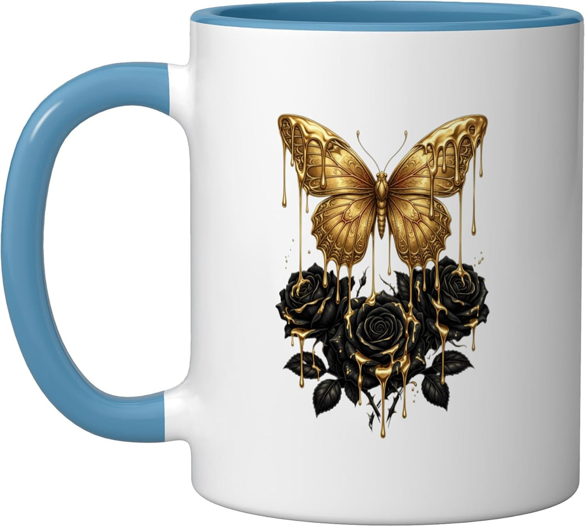 Golden Dripping Butterfly Over Black Roses Ceramic Mug