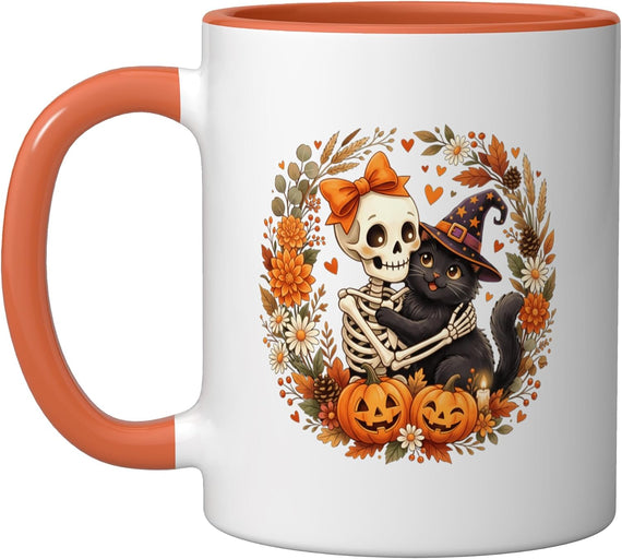 Skeleton Holding Cat Halloween Costume Spooky Season Ceramic Mug