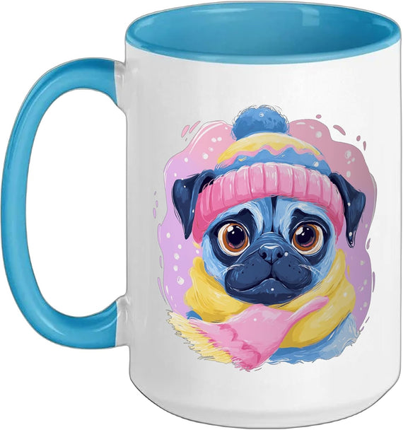 Blue Pug Winter Portrait Dog Lover Graphic Pink And Yellow Ceramic Mug