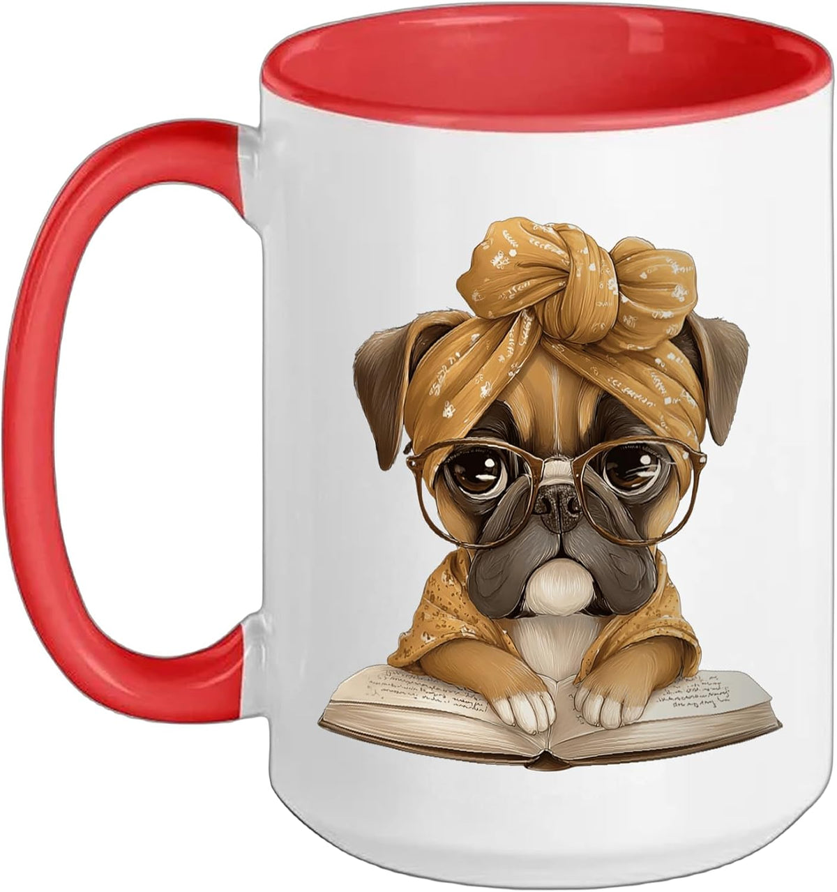 Pug Open Book Reading Dog Lover Graphic Portrait Round Bow Ceramic Mug