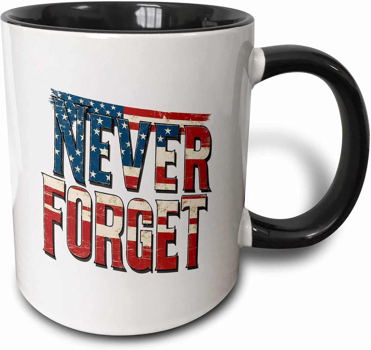 Stylish Text Never Forget Decorated With Stars, Stripes. Ceramic Mug