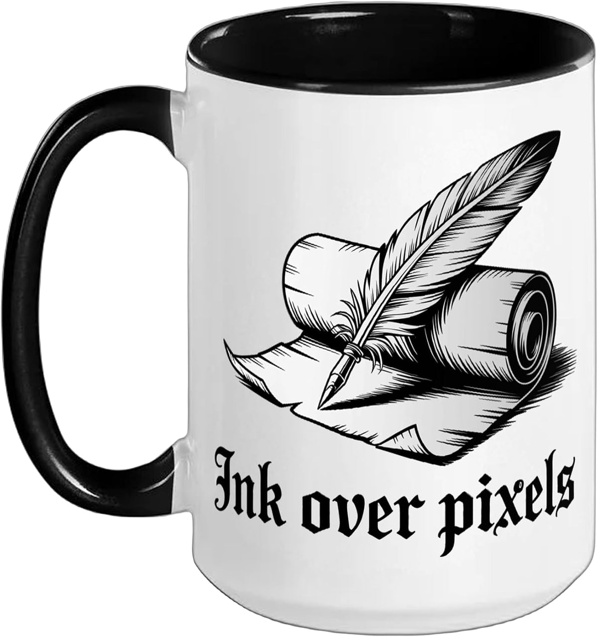 Feather Quill Manuscript Analog Writing Ink Over Pixels Ceramic Mug