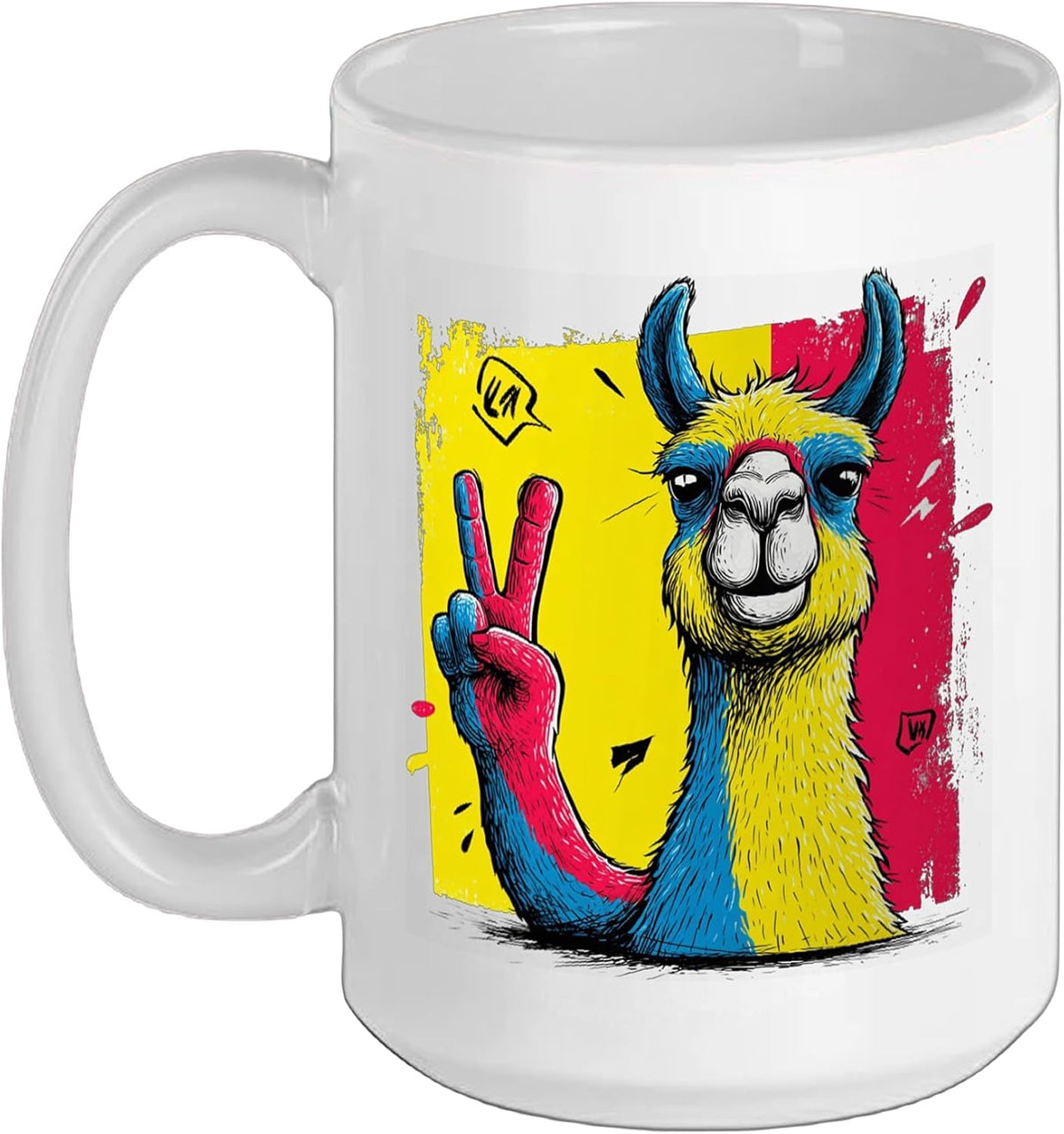 Llama Peace Sign Retro Pop Character Graphic Gesture Funny Ceramic Mug