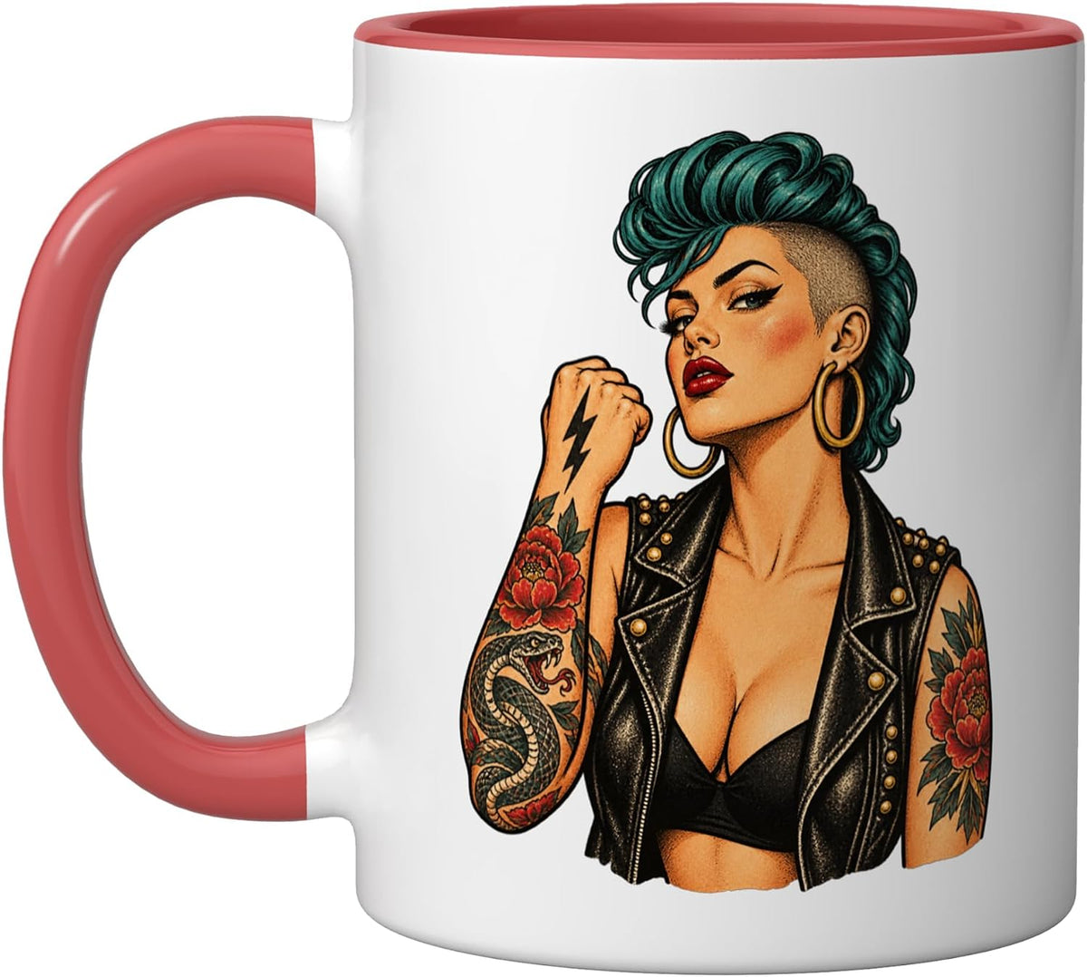 Punk Pinup Teal Hair Raised Fist Vintage Tattoo Portrait Ceramic Mug