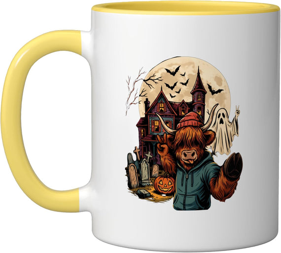 Highland Cow Selfie Halloween Haunted House Spooky Ceramic Mug