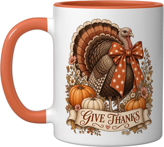 Elegant Turkey Bow Thanksgiving Floral Ceramic Mug