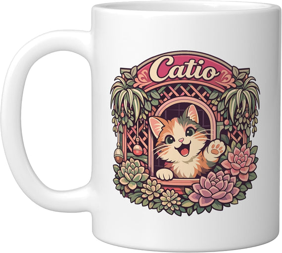 Catio Cat Succulent Garden Retro, White Ceramic Mug
