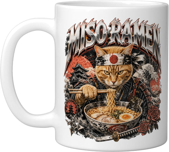 Miso-Ramen Noodles Cat Japan Graphic Samurai Warrior Manga Ceramic Mug