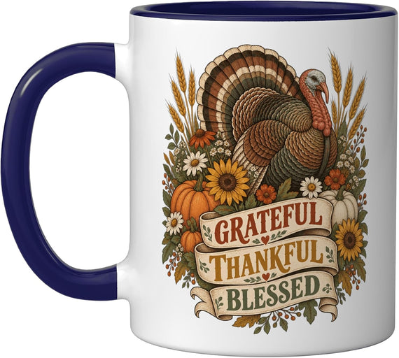 Boho Turkey Wildflowers Thanksgiving Blessed Harvest Ceramic Mug