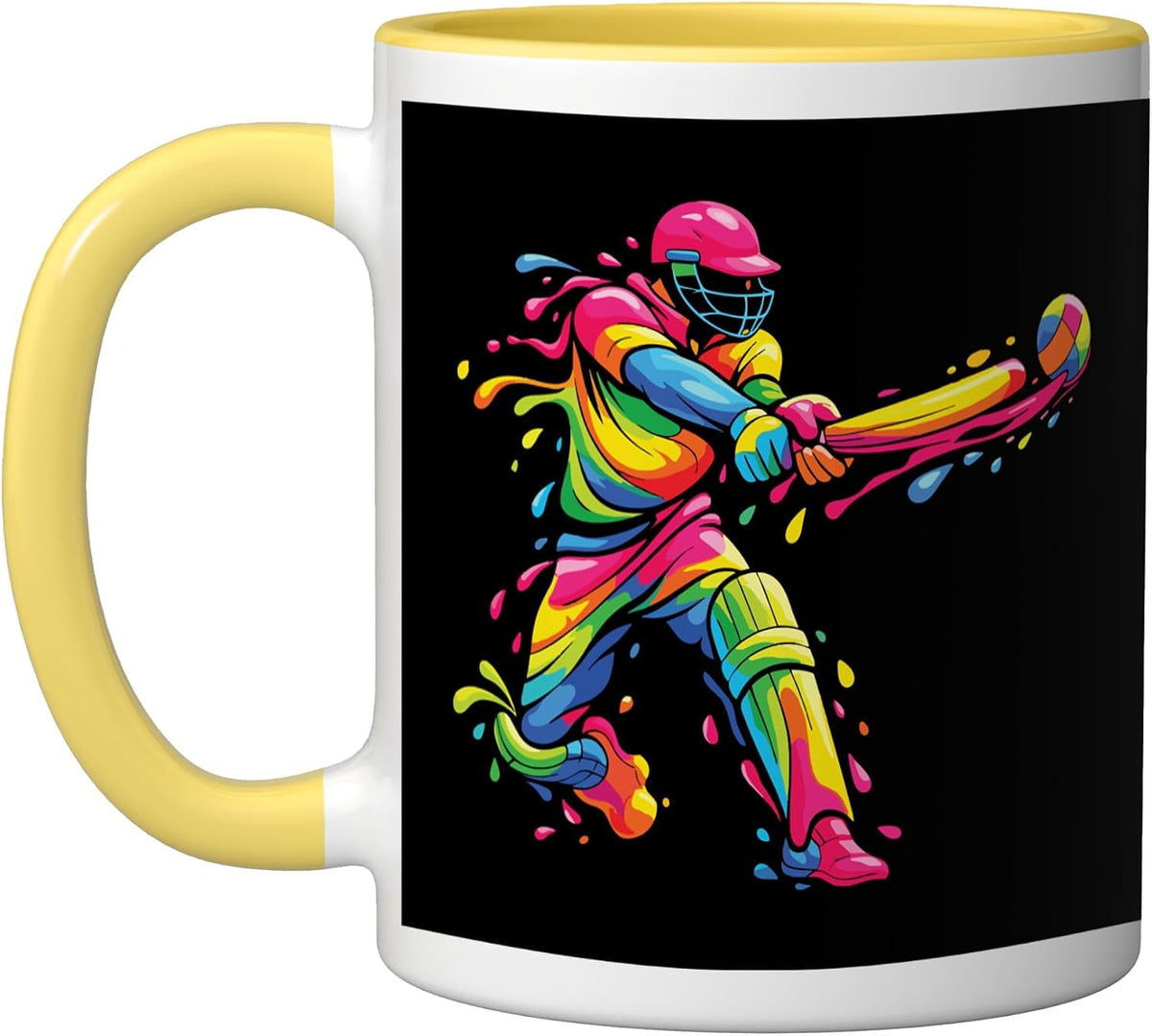 Colorful Splash Art Cricketer Batsman Black Ceramic Mug