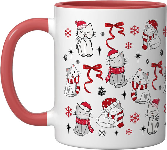 Christmas Cats Red Bows Coquette Winter Holidays Ceramic Mug