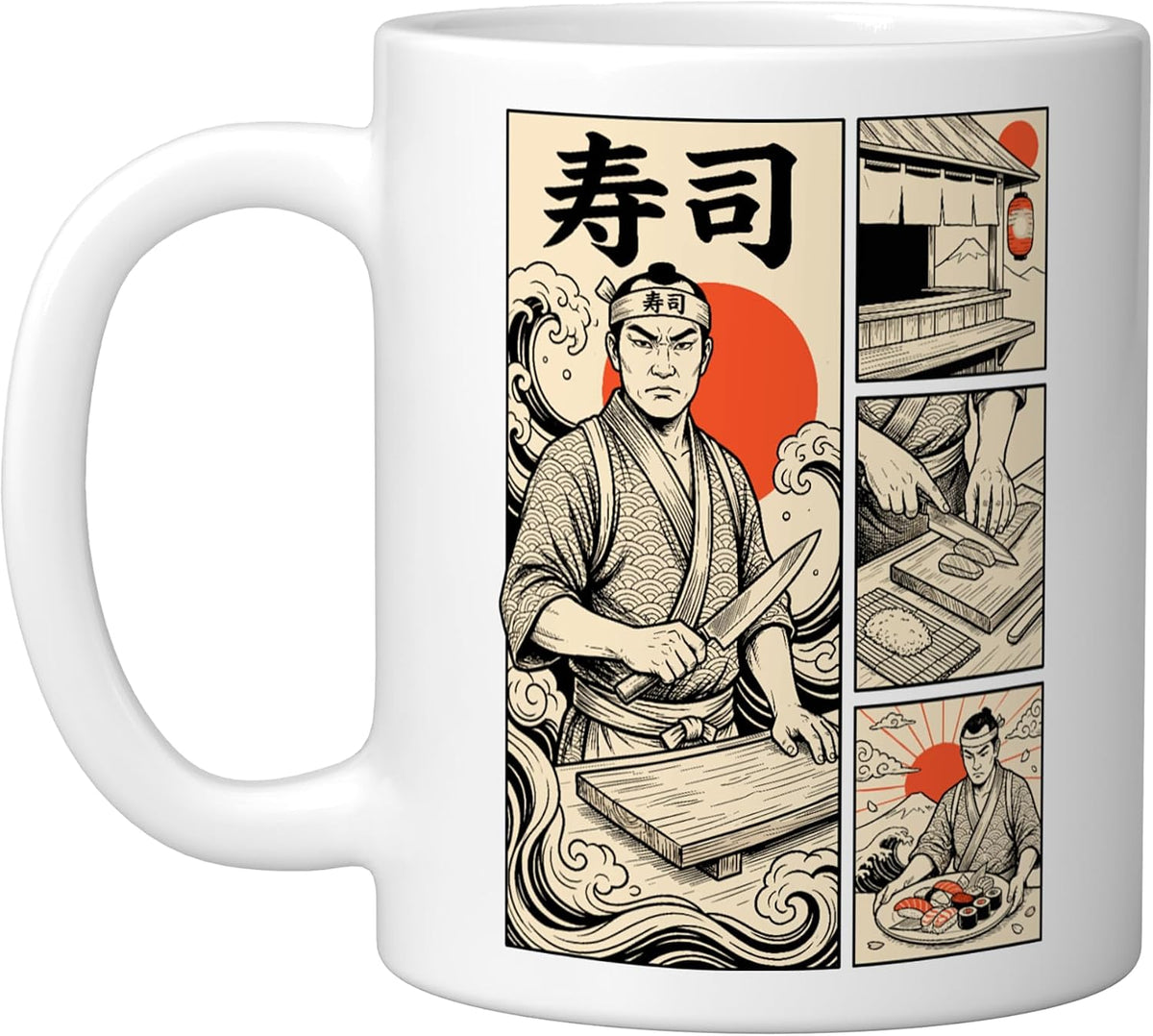 Japanese Sushi Chef Comic Ukiyo-E Nigiri Sashimi Food Art Ceramic Mug