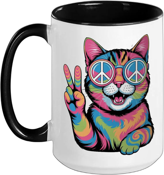 Colorful Cat Round Glasses Two Finger Sign Ceramic Mug