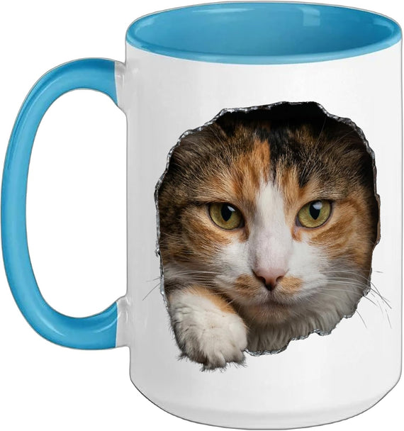 Beautiful Long Haired Calico Cat Peeking Through Ceramic Mug