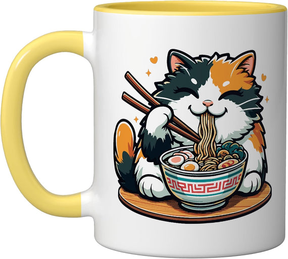 Calico Cat Eating Ramen Japanese Feline Kawaii Calico Cat Ceramic Mug