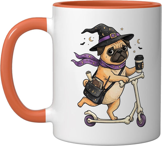 Pug Scooter Witch Halloween Kids Mens Womens Ceramic Mug