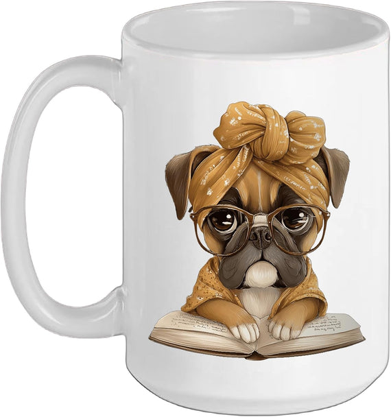Pug Open Book Reading Dog Lover Graphic Portrait Round Bow Ceramic Mug