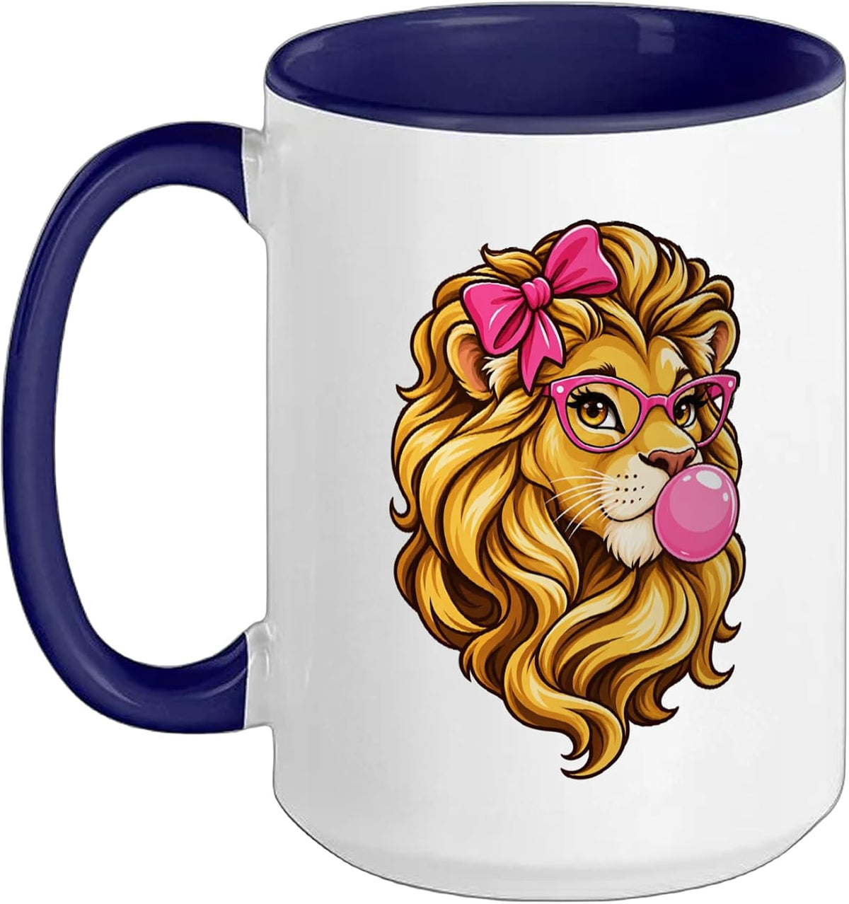 Funny Lion With Pink Glasses Bow And Bubblegum Ceramic Mug