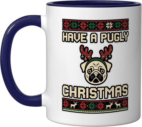 Funny Pug Face Reindeer Antlers Ugly Sweater Pattern Ceramic Mug