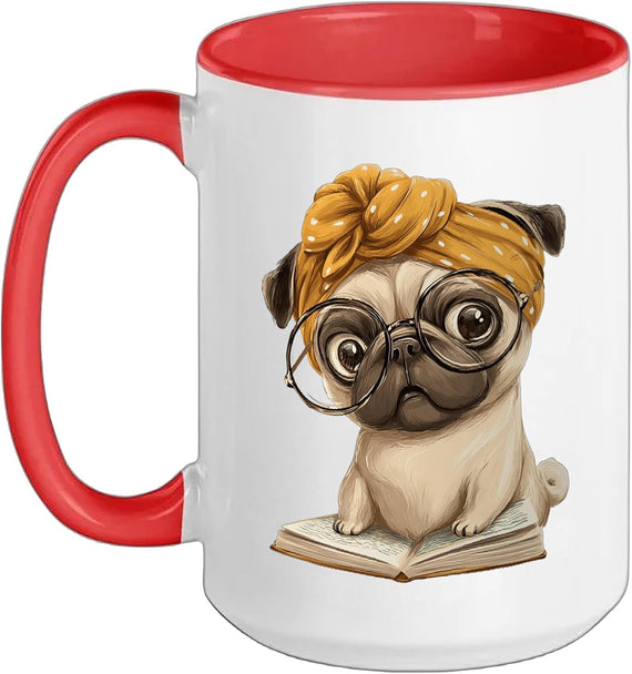 Pug Open Book Reading Dog Lover Graphic Portrait Round Ceramic Mug
