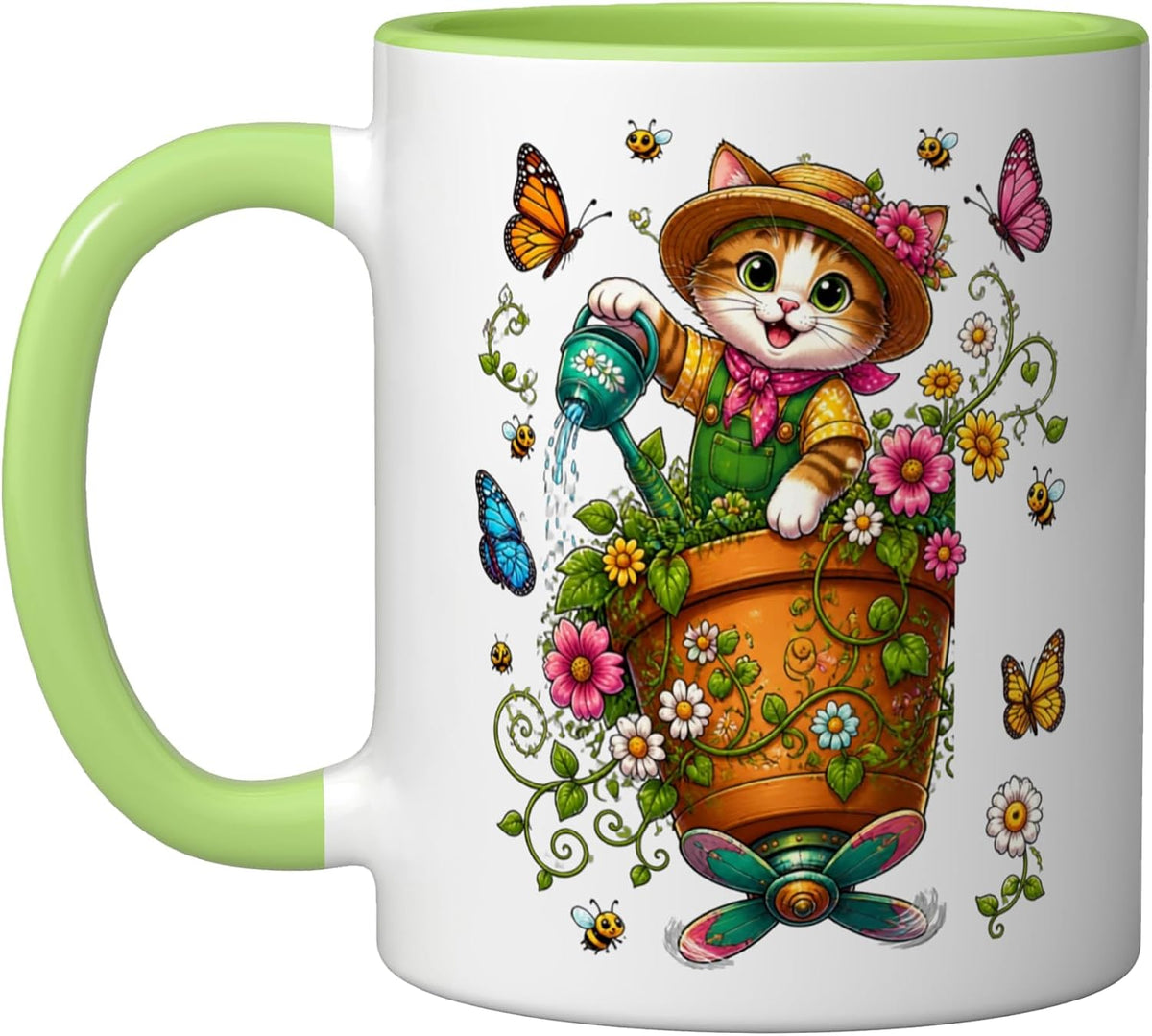 Cute Cat Gardener Watering Flowers Butterflies Ceramic Mug