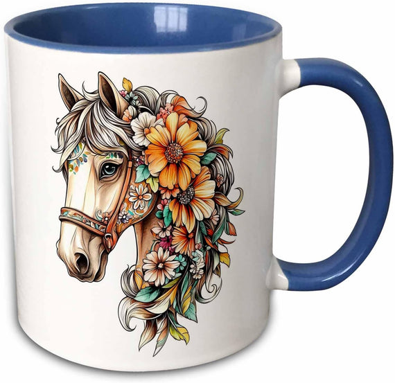 Pretty Floral Ornamental Horse Face Art Ceramic Mug