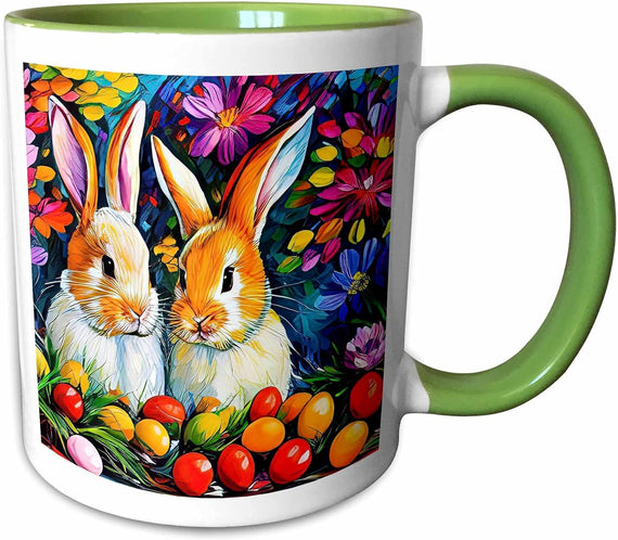 Two Easter Bunnies, Red, Yellow Eggs, Purple Ceramic Mug