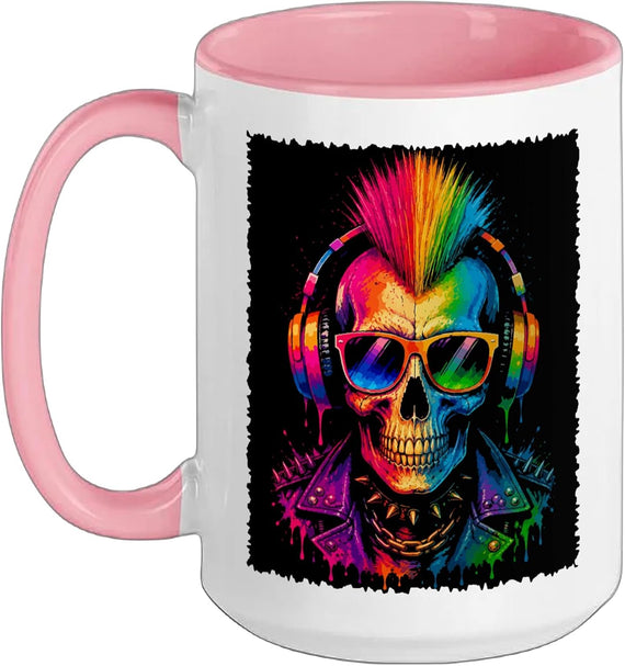 Punk Skull DJ Mohawk Headphones Colorful Music Art Ceramic Mug