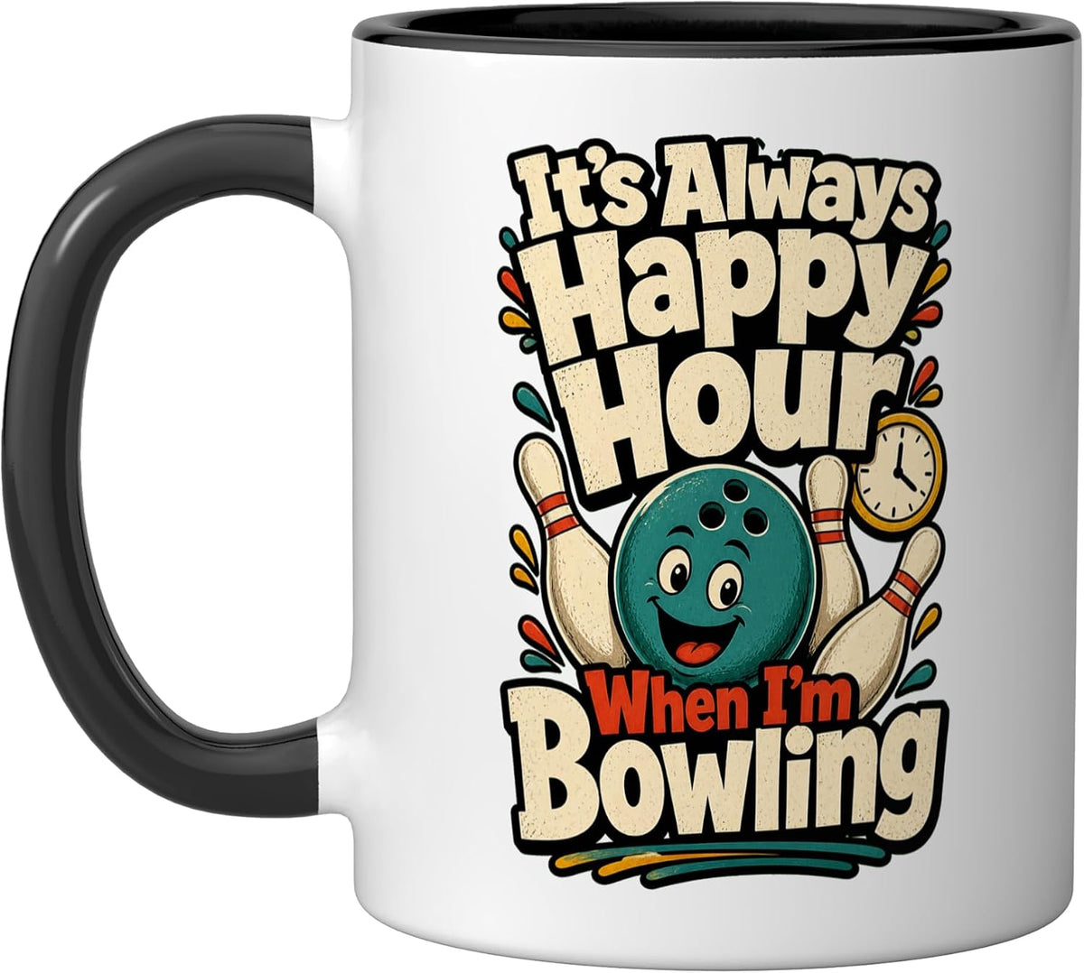 Bowling Happy Hour Funny Ball Pins Clock Ceramic Mug
