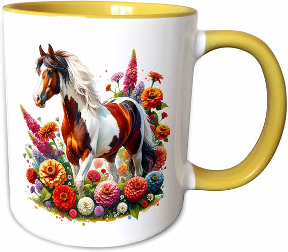 Stunning Pinto Horse, Colorful Flowers Ceramic Mug