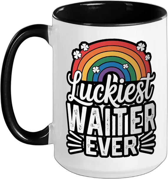Luckiest Waiter Ever St Patricks Day Rainbow Shamrock Ceramic Mug