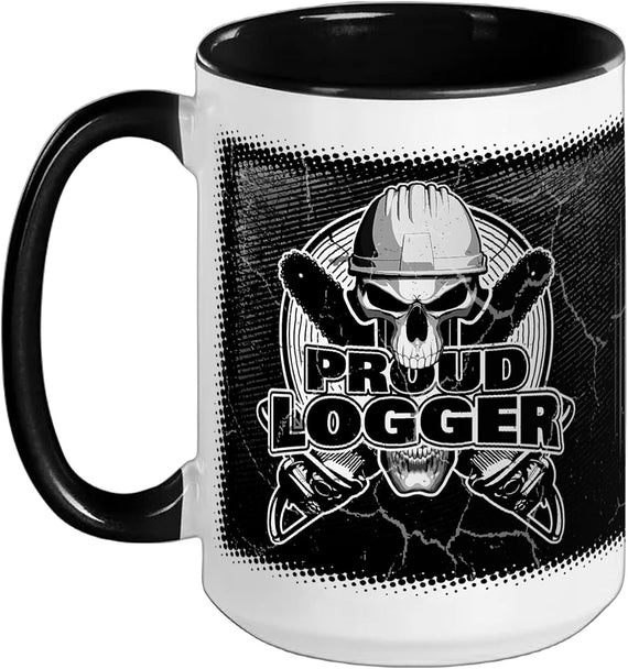 Proud Logger Lumberjack Skull Crossed Logging Chainsaws Ceramic Mug
