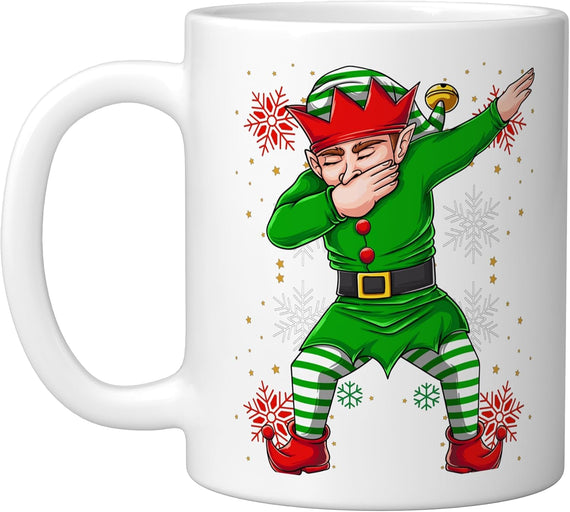 Dabbing Christmas Elf with Snowflakes Ceramic Mug