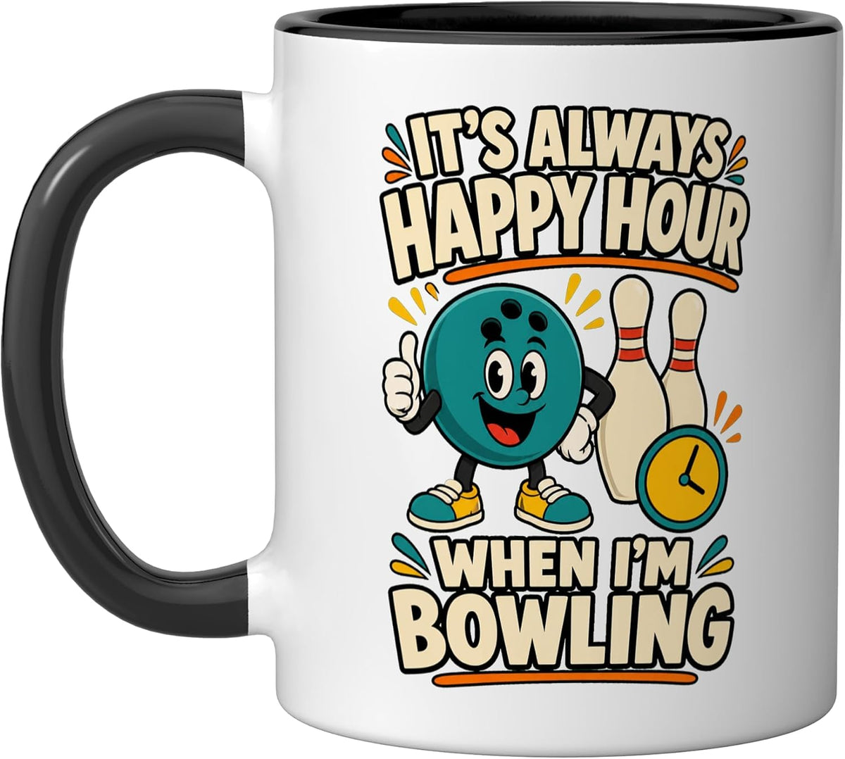 Bowling Happy Hour Funny Ball Pins Clock Ceramic Mug