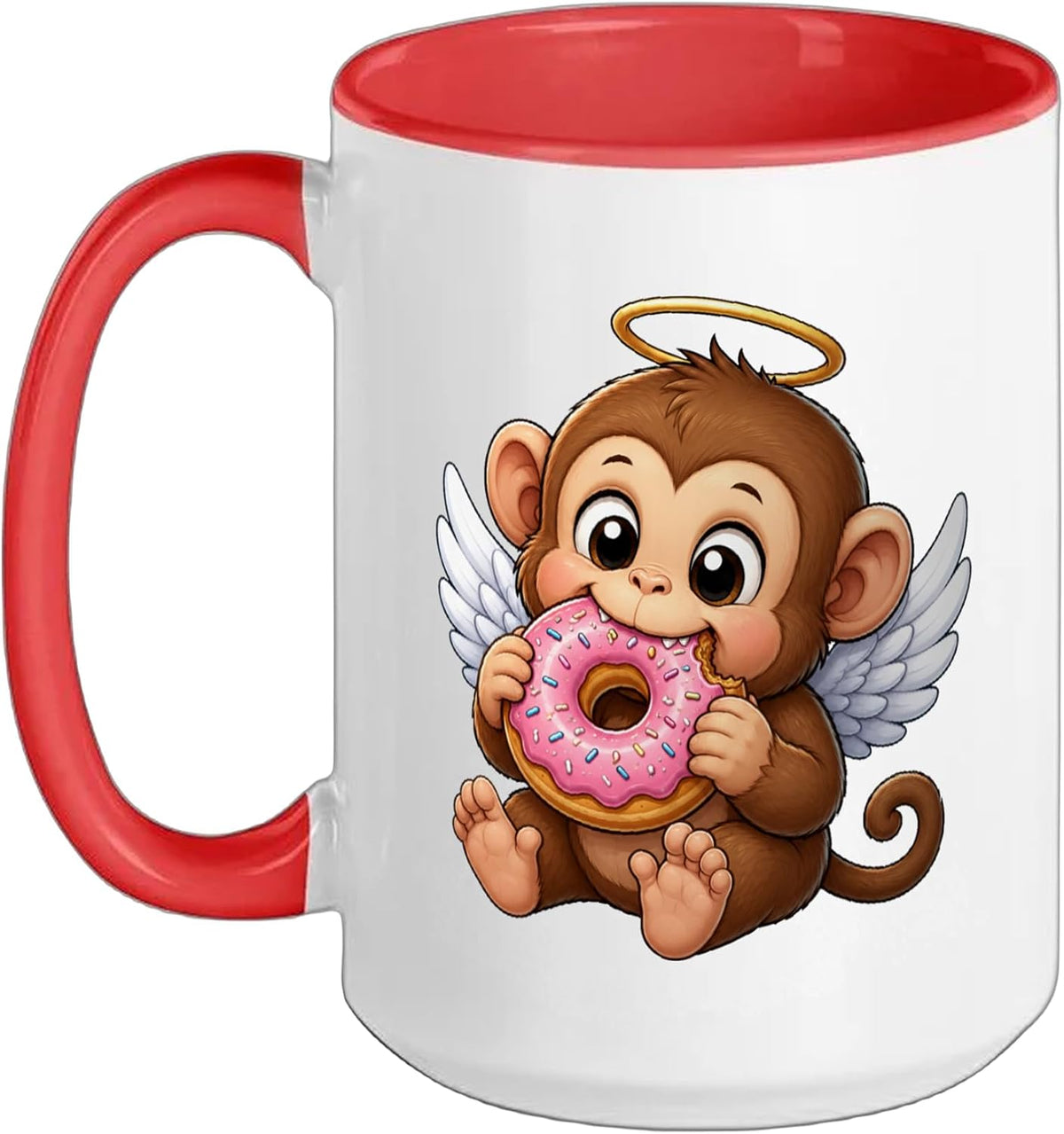 Cute Angel Monkey Eating Donut Cartoon Design Ceramic Mug
