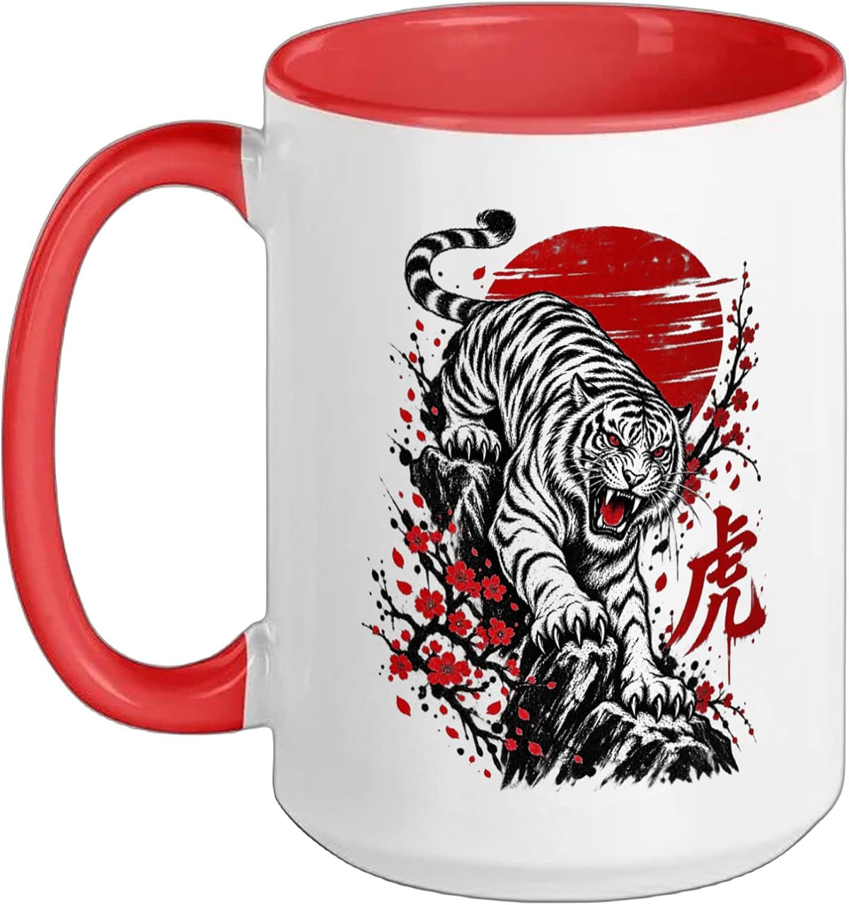Japanese White Tiger Red Sun Cherry Blossom Tattoo Design Ceramic Mug
