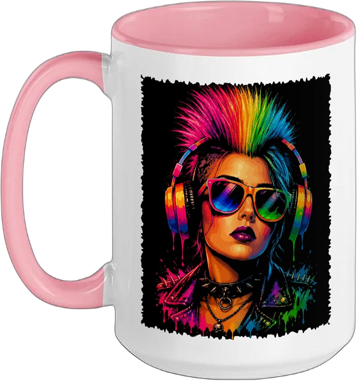 Punk Rock Woman Rainbow Mohawk Headphones Music Art Ceramic Mug