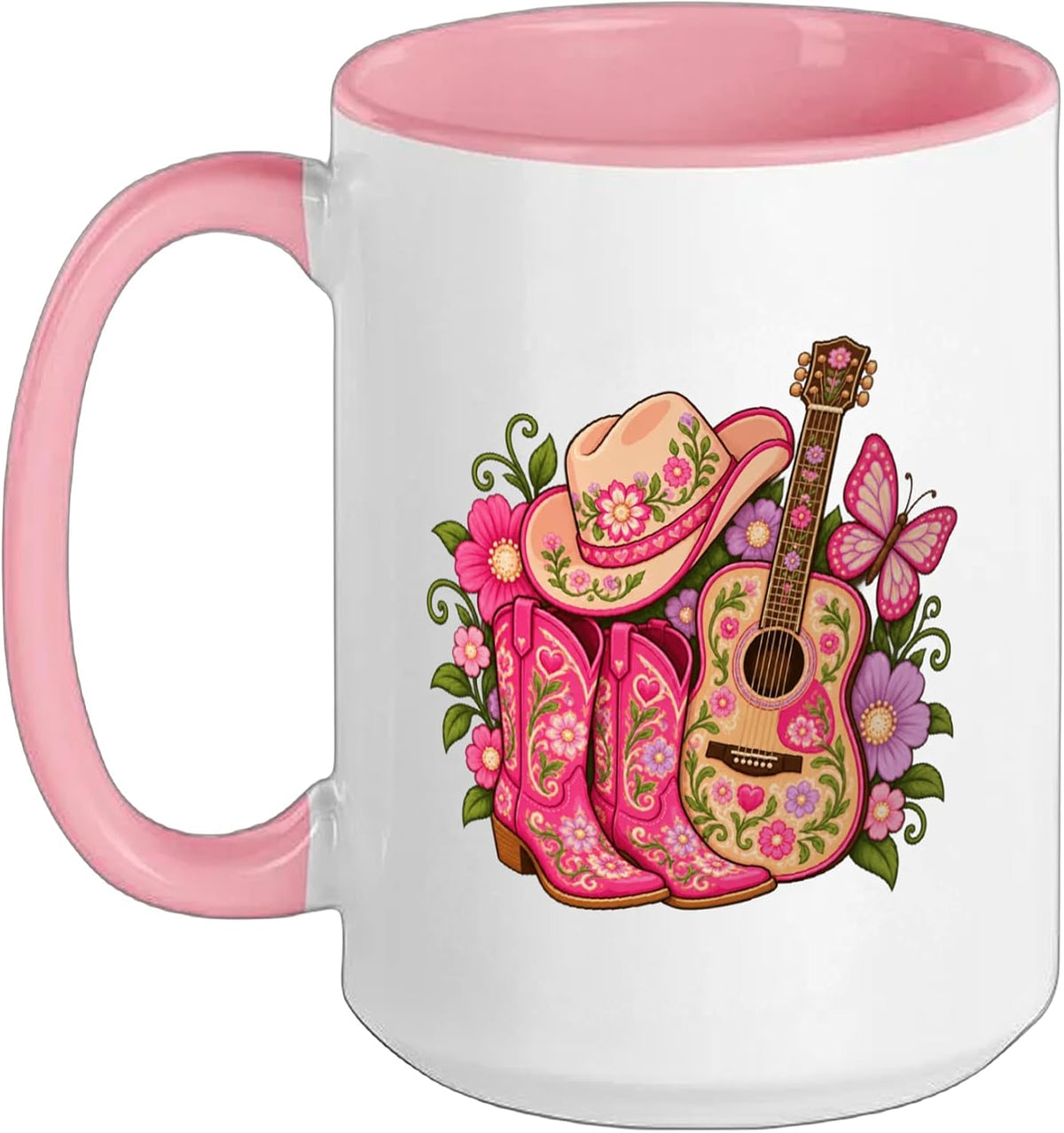 Pink Floral Cowboy Boots Hat Acoustic Guitar Butterflies Ceramic Mug