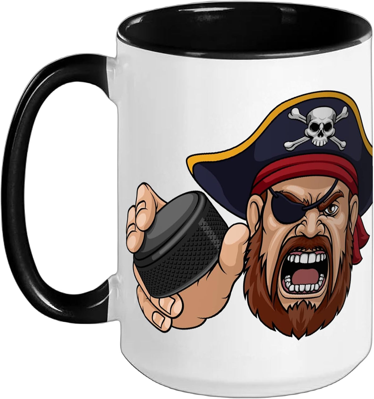 Pirate Cartoon Character Holding An Ice Hockey Puck Ceramic Mug