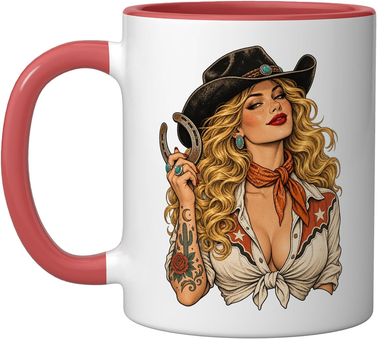 Cowgirl Pinup Horseshoe Western Hat Vintage Tattoo Design Ceramic Mug