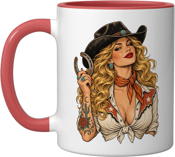 Cowgirl Pinup Horseshoe Western Hat Vintage Tattoo Design Ceramic Mug