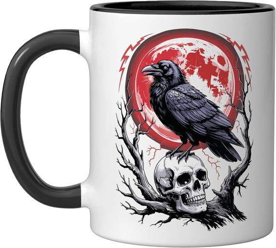 Gothic Raven On Skull Red Moon Horror Aesthetic Dark Art Halloween Mug