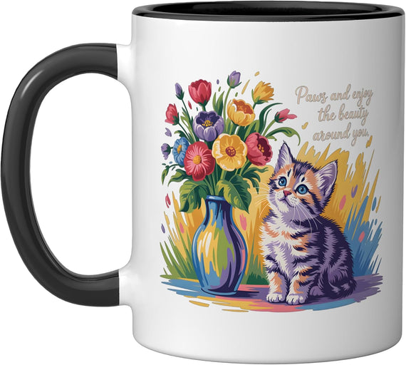 Calico Kitten, Colorful Flower Vase Cute Cat, See The Ceramic Mug