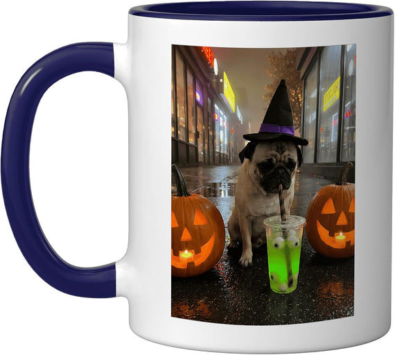 Cute Pug Dog Witch Hat Halloween Spooky Pumpkin Potion Ceramic Mug
