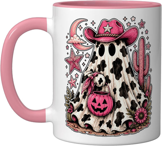 Pumpkin Western Spooky Cow Pink Cowgirl Ghost Halloween Ceramic Mug