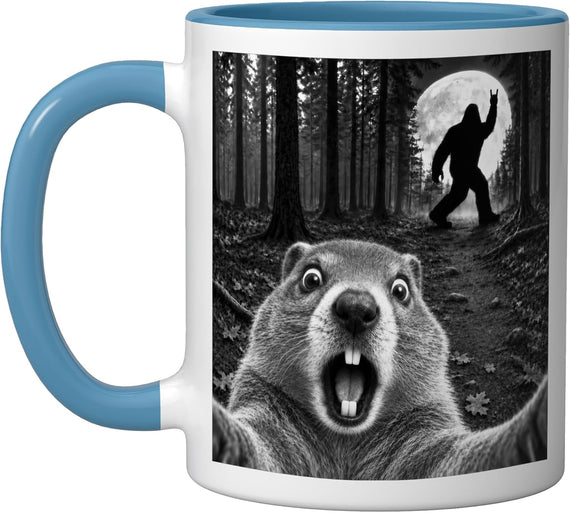 Groundhog Selfie With Bigfoot Moonlit Forest Ceramic Mug