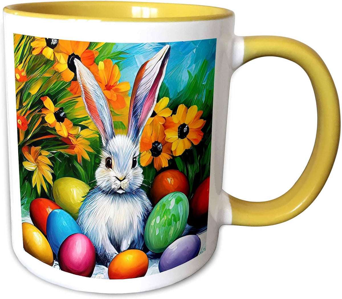 Cute Easter Bunny, Painted Eggs, Yellow Ceramic Mug