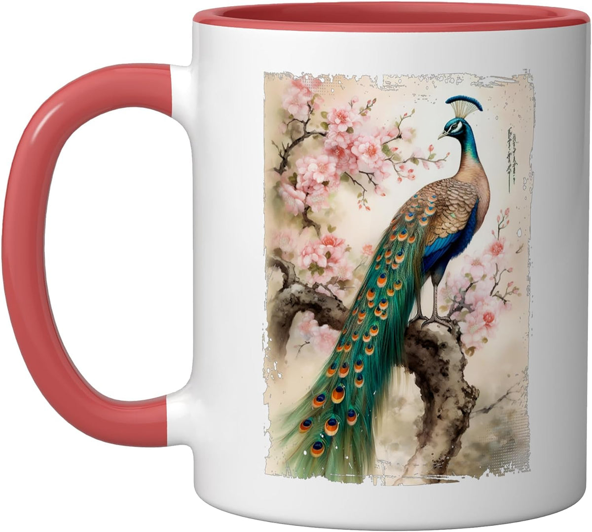 Beautiful Peacock Japanese Cherry Blossom Art Ceramic Mug