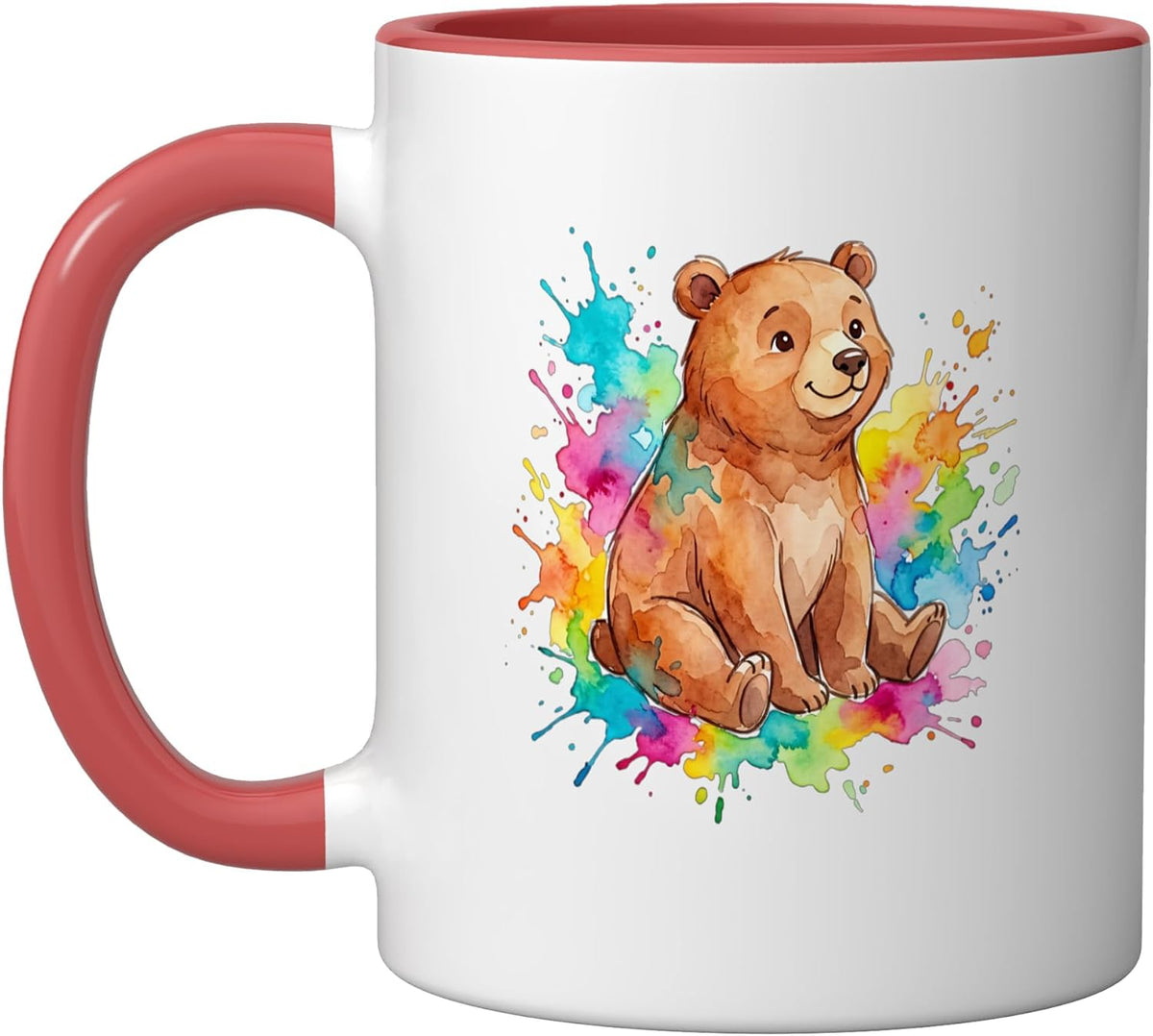 Cute Watercolor Bear Cub Sitting Colorful Splatter Ceramic Mug